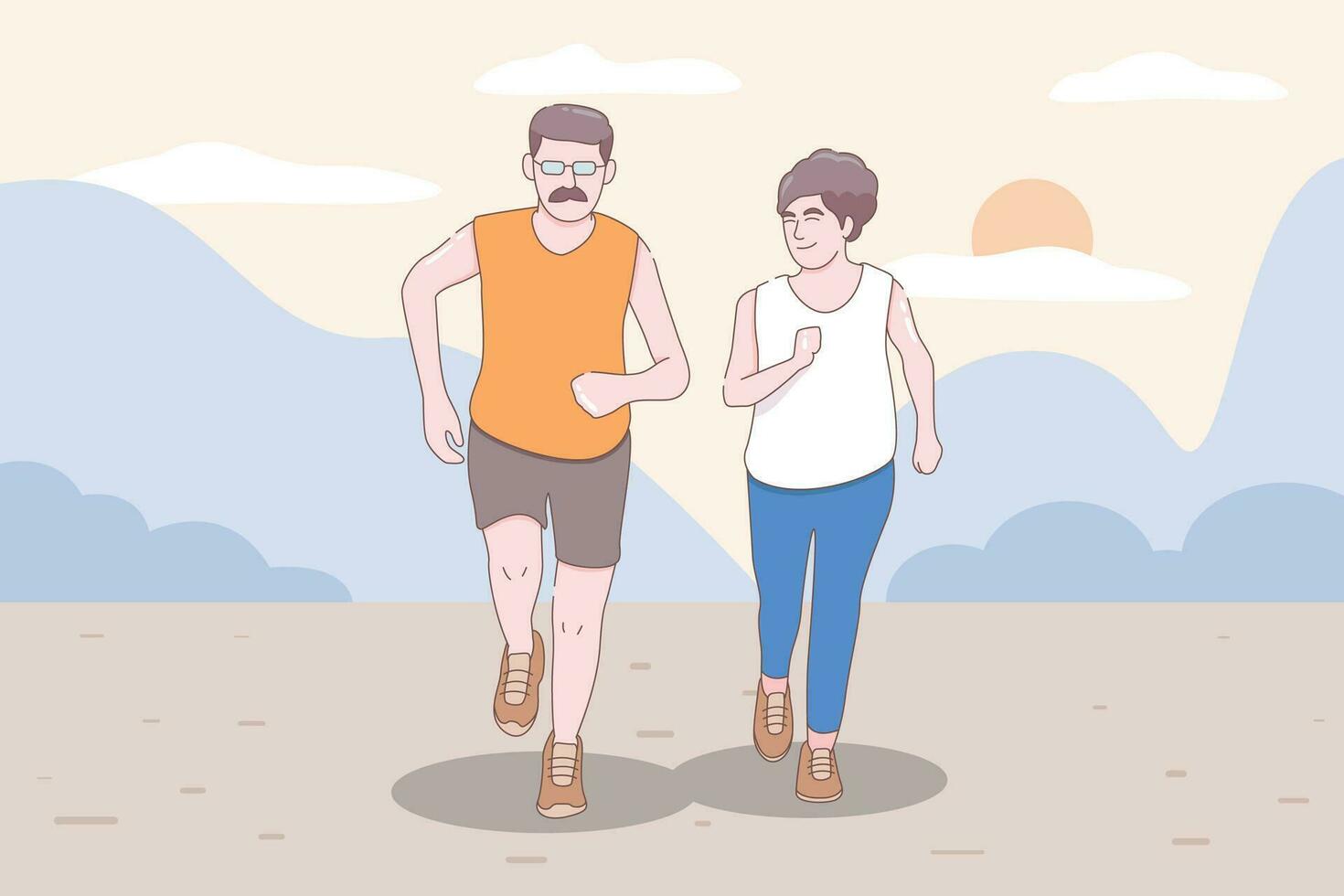 Senior age couple running, elderly man and woman jogging, people character vector illustration