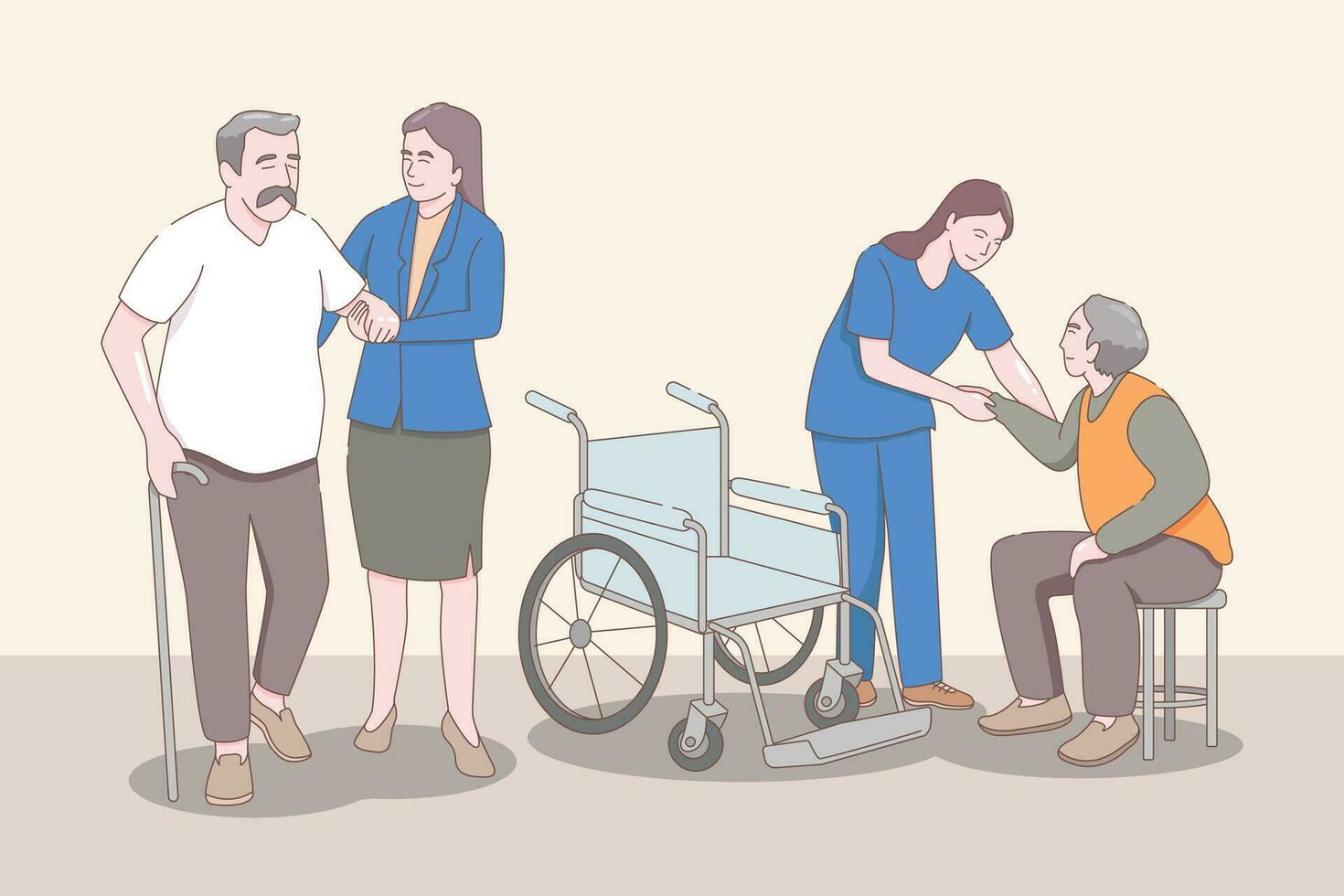 elderly care, old people care activities, prescribes treatment. Vector characters flat cartoon.