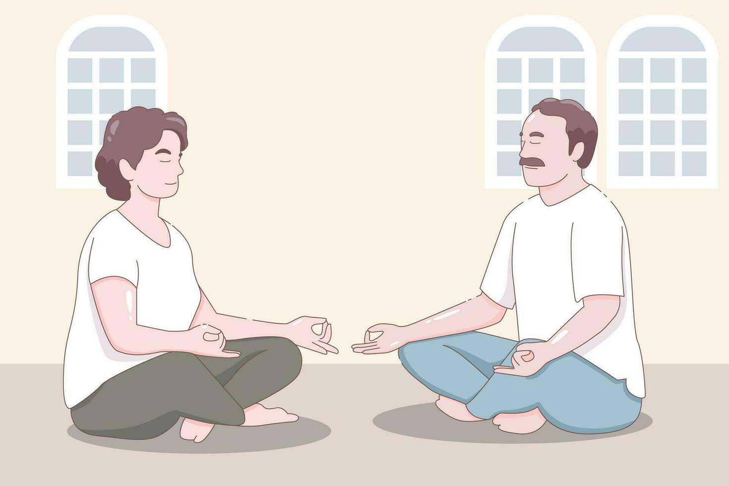 Elderly couple practicing yoga, Grandparents doing exercises, Sport, Morning exercises, Cartoon vector illustration.