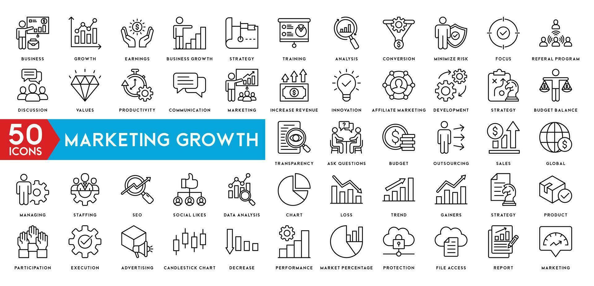 Marketing Growth icon set of web icons in line style. Marketing icons for business. Communication, advertising, ecommerce, seo, content, product, target audience, website, social media and more vector