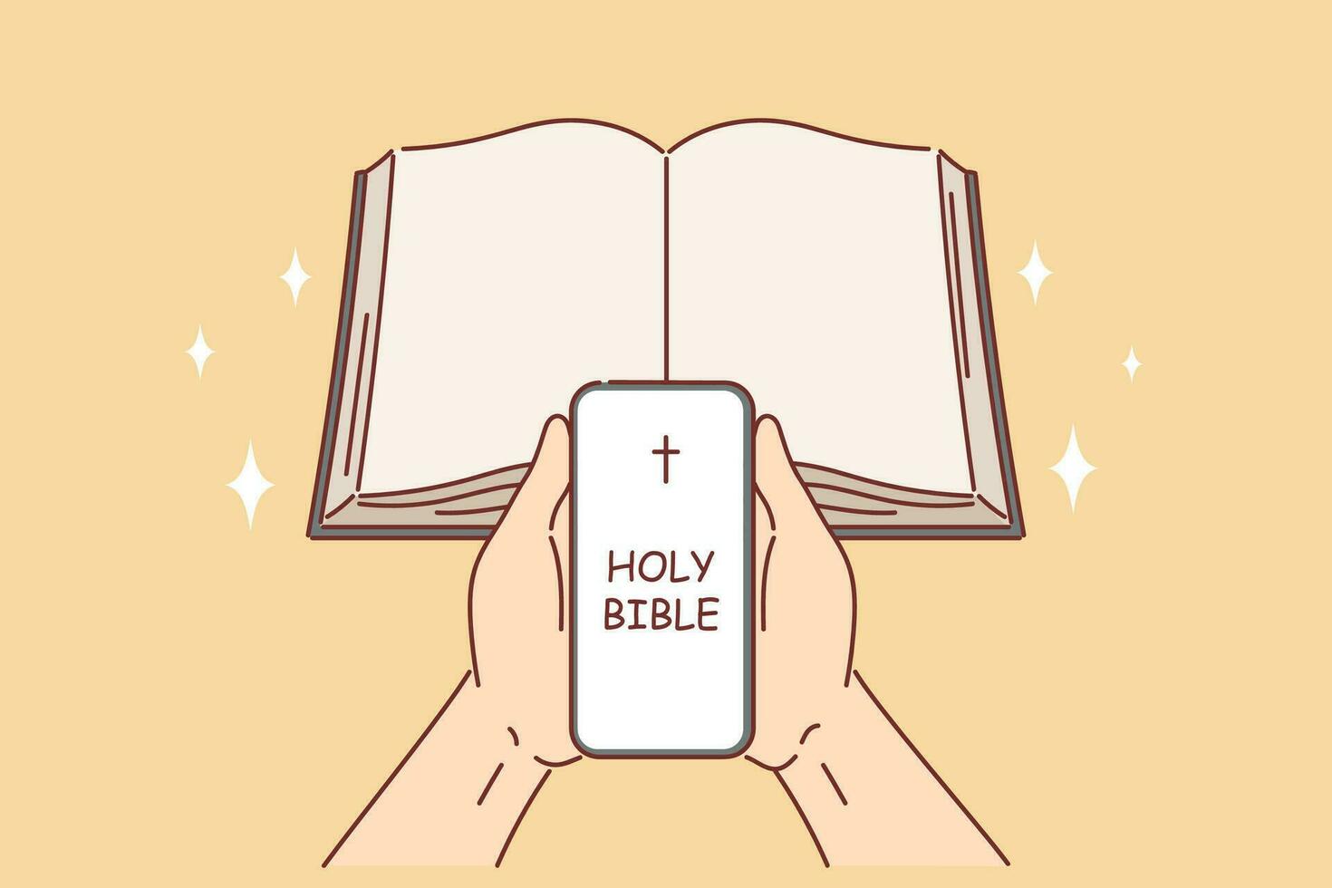 Holy bible in phone of religious person and near book symbolizing digital applications for christians and catholics. Praying hands with holy bible online for reading prayers and learning commandments vector