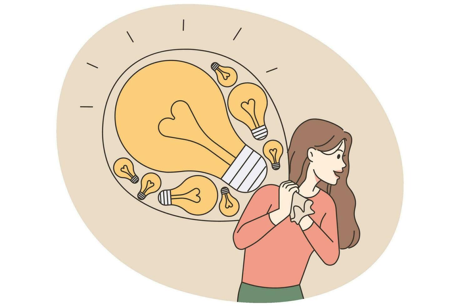 emocionado mujer llevar malo lleno de bombillas. sonriente confidente hembra empleado con creativo innovador negocio ideas vector ilustración.