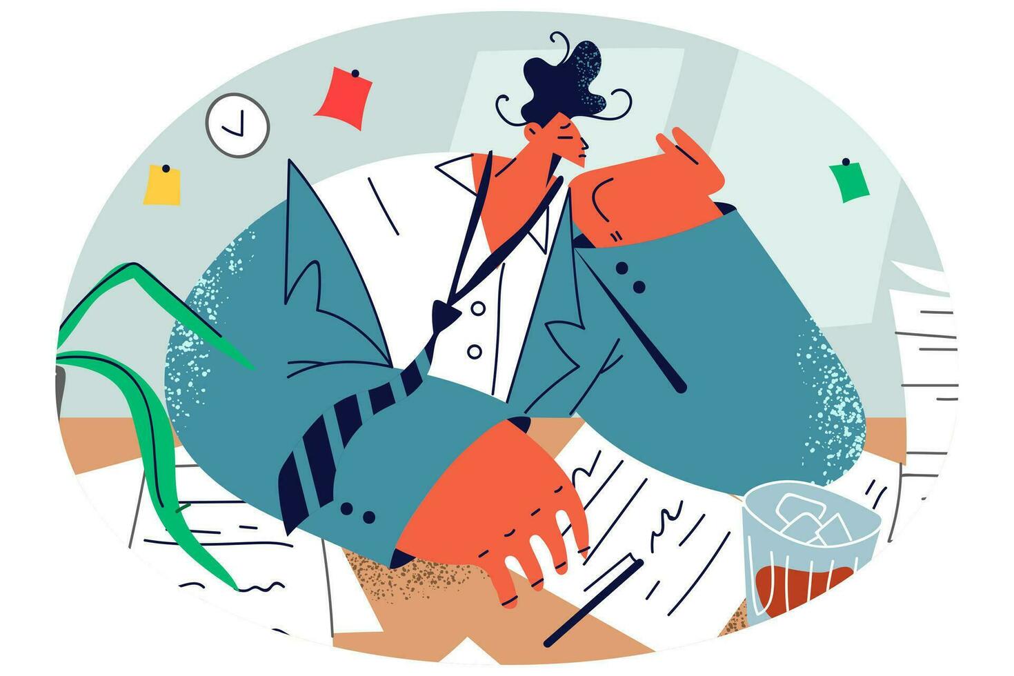 Unhappy businessman drinking whiskey working in office late hours. Upset unmotivated male employee overwhelmed with paper work. Burnout and fatigue. Vector illustration.