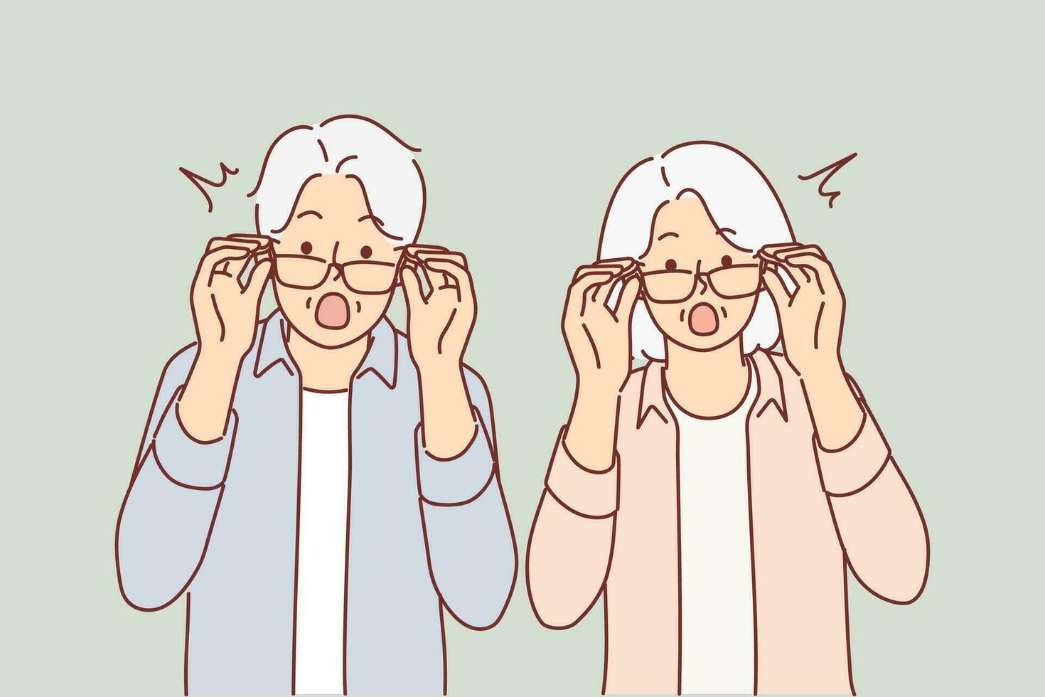 Elderly surprised couple takes off glasses and looks at screen after learning about big promotions and sales for shopping. Surprised grandparents shout wow and feel excited about unexpected news vector