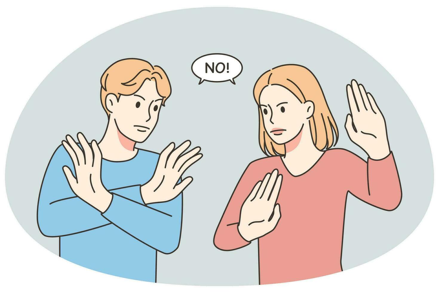 People show No gesture protest about something. Man and woman demonstrate Stop hand gesture reject offer or suggestion. Vector illustration.