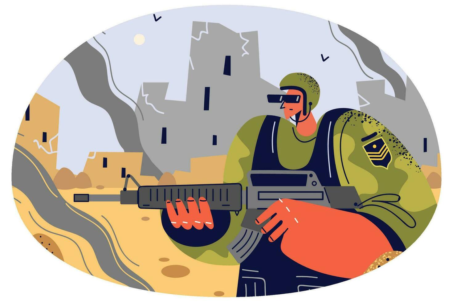 hombre en uniforme participación pistola luchando en guerra campo. masculino soldado en militar Servicio caminando con cañonazo. Ejército y militar a frente. vector ilustración.