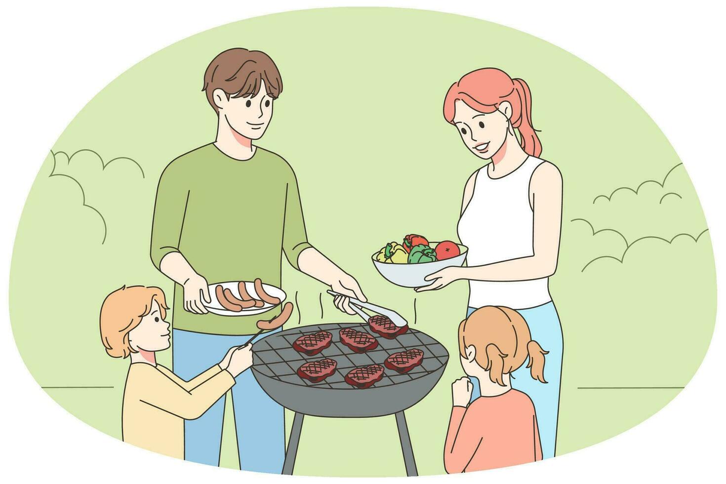 contento familia con niños parrilla carne y vegetales al aire libre en verano picnic. sonriente padres con niños tener divertido disfrutar fin de semana Cocinando juntos. vector ilustración.