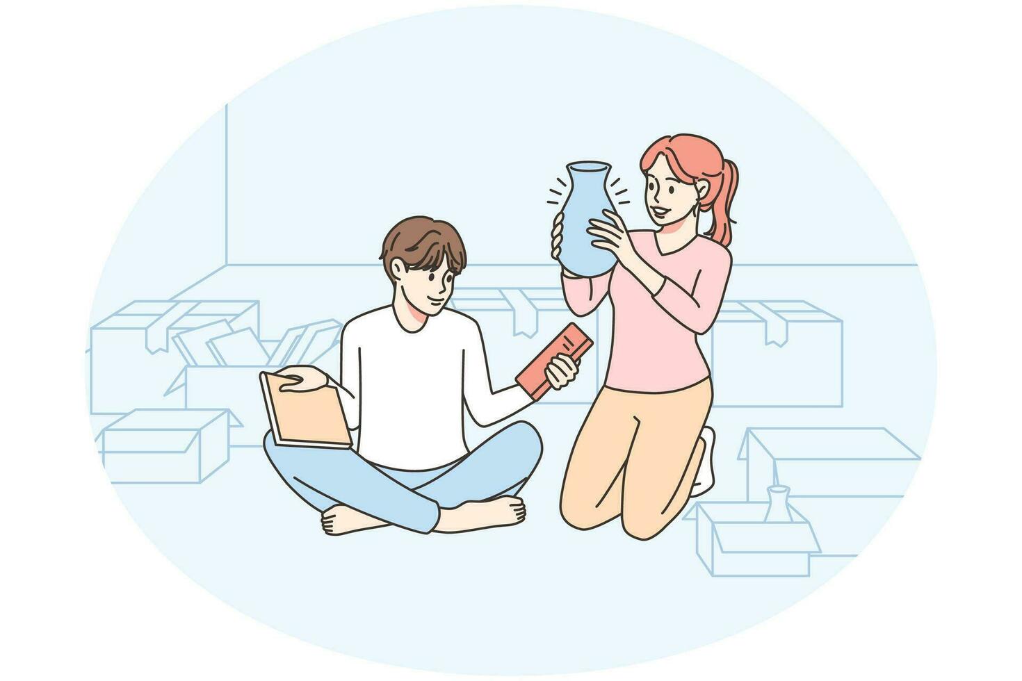 Happy couple unpacking boxes moving in together. Smiling man and woman open parcels sitting on floor in new home. Vector illustration.