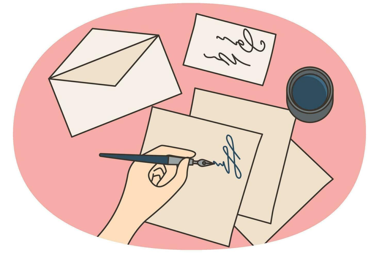 Hand handwriting letter with pen sitting on desk. Person writing note to send with post mail. Vector illustration.