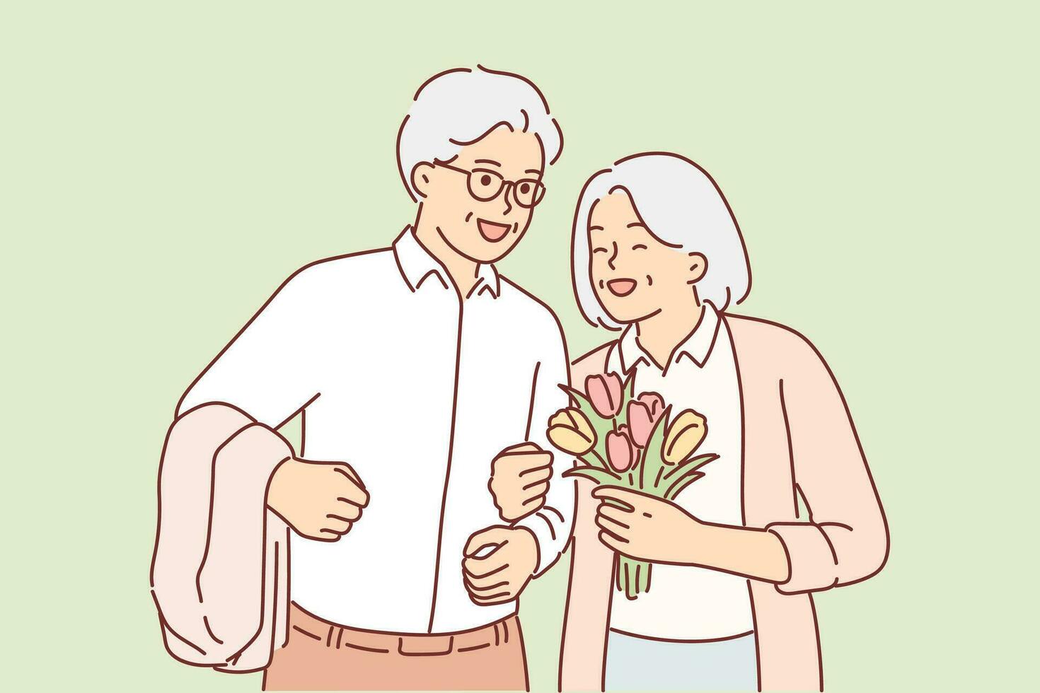 abuelos en amor durante fecha o matrimonio ceremonia, para concepto de amor en antiguo edad. abuela con flores presentado por abuelo en honor de aniversario de Boda o comenzando vida juntos vector