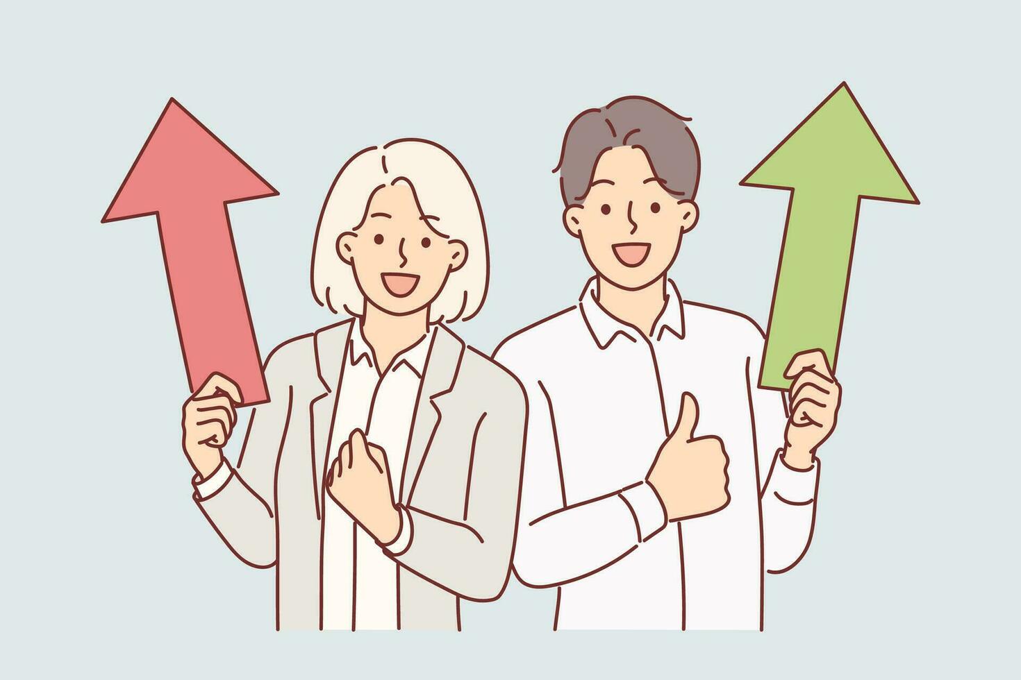 Successful business man and woman holding up arrows showing victory gesture rejoicing in career achievements. Concept of successful completion of project and growth of capital or dividends vector