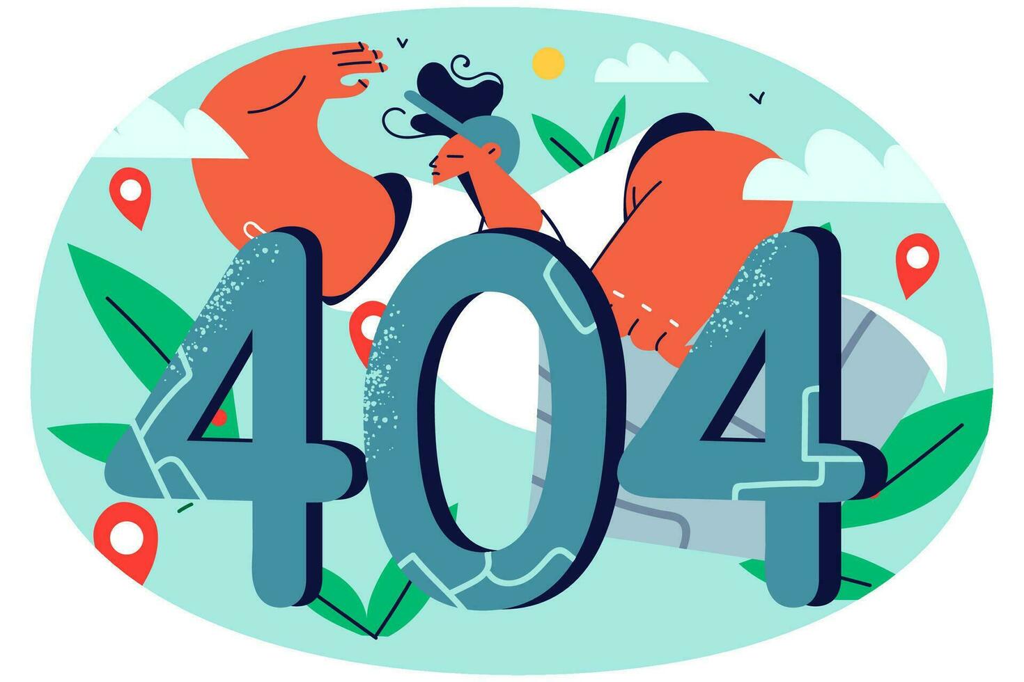 Man standing near huge 404 symbol showing web page not found. Male user have error or mistake with computer. Vector illustration.