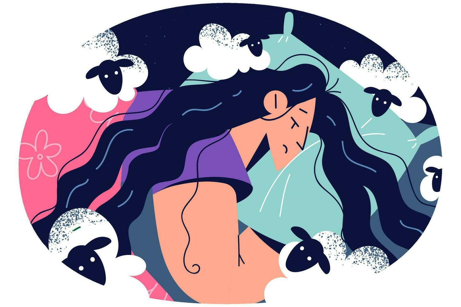 mujer acostado en cama sufrimiento desde dormido problema. cansado niña dificil con insomnio contando oveja. cuidado de la salud y salud dormir. vector ilustración.