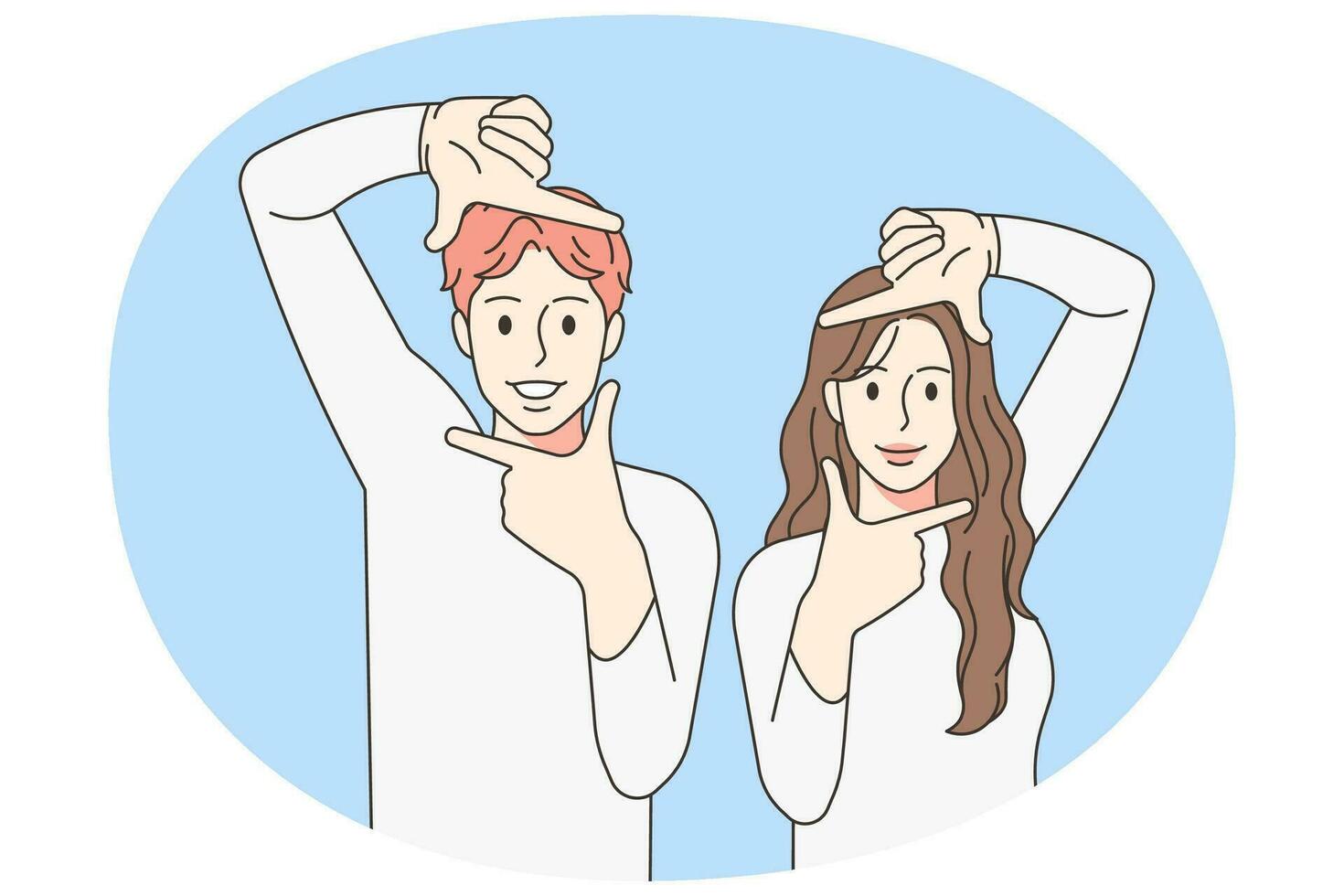 Smiling couple frame face with hands showing photography sign. Man and woman show phot gesture with fingers for facial photograph. Vector illustration.
