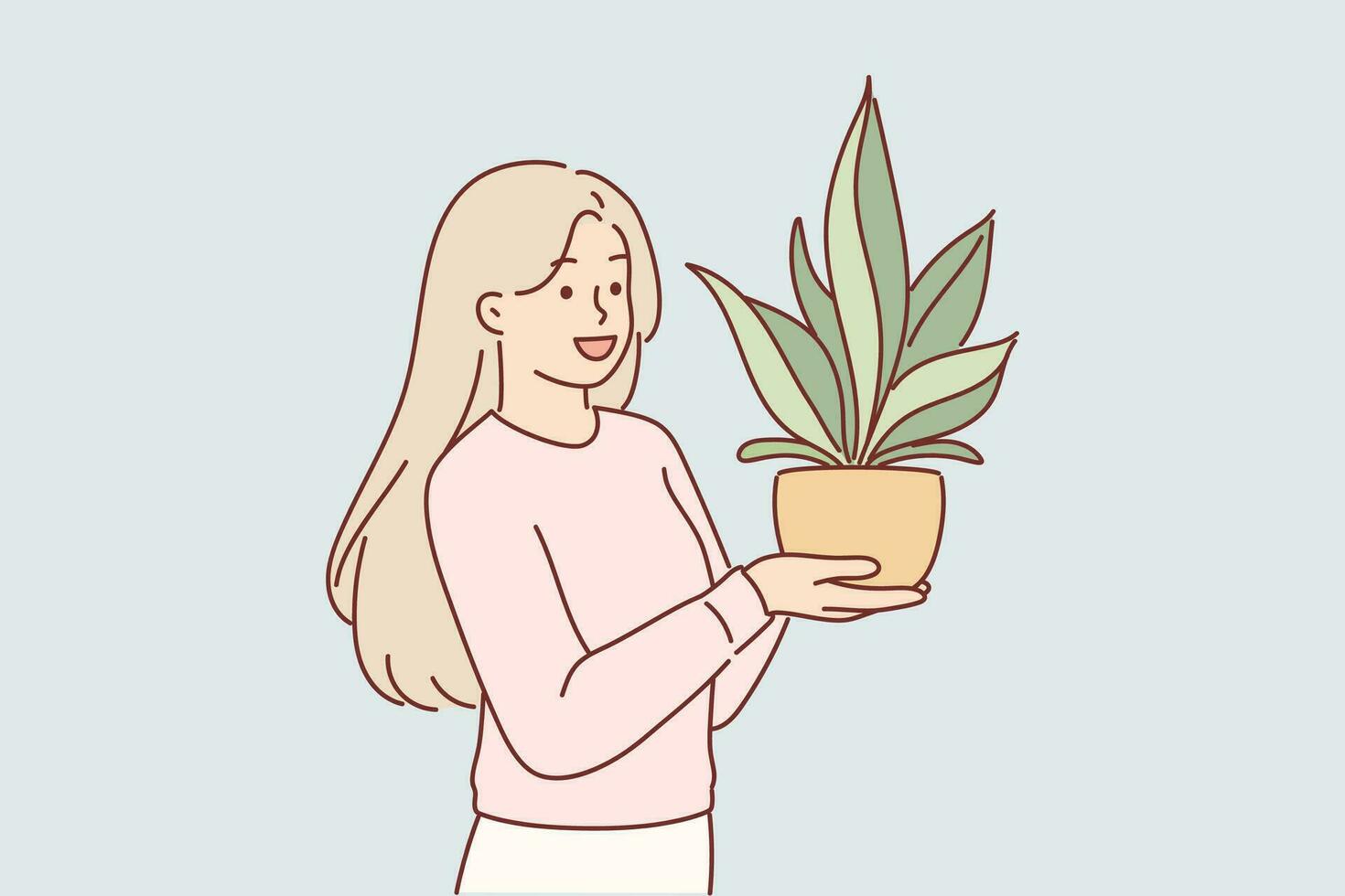 mujer sostiene planta de casa en maceta, deseando a Decorar interior de Departamento con planta ese absorbe carbón dióxido. contento adolescente niña crece hogar planta y se regocija a viendo grande verde pétalos vector