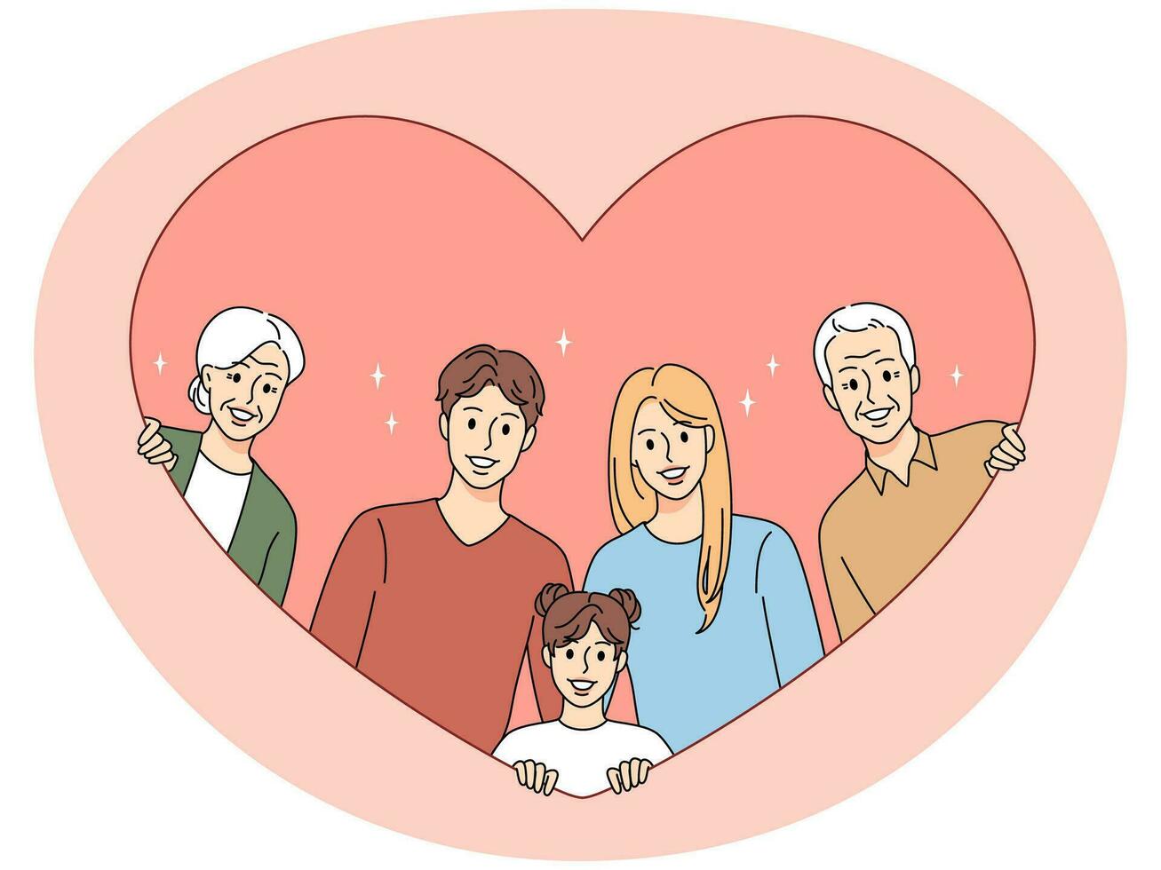 retrato de contento familia en corazón signo. sonriente mas joven y más viejo Generacion juntos espectáculo amor y unidad. vector ilustración.