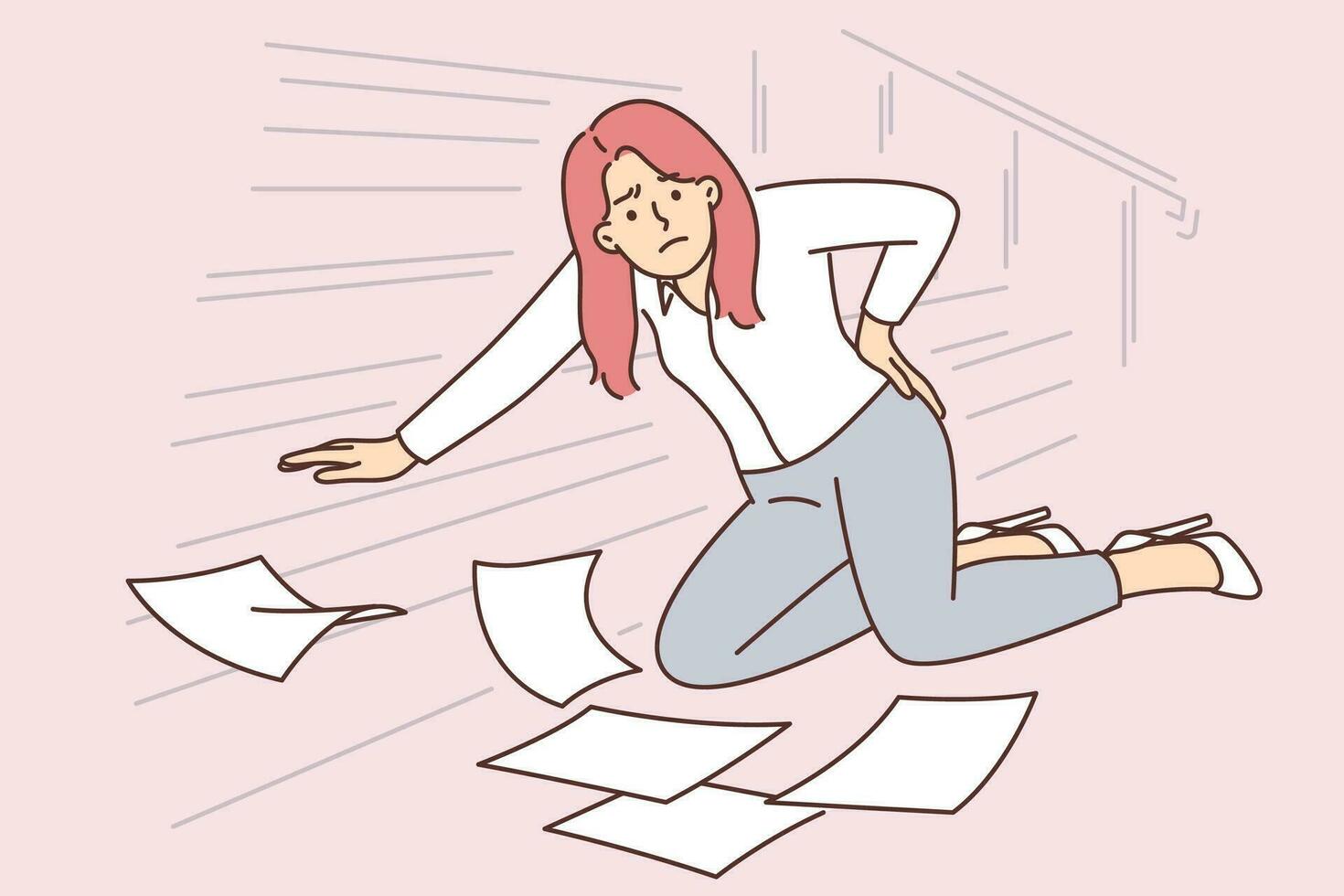 Woman office worker fell down stairs and injured back dropping papers on floor. Businesswoman fell due to excessive haste associated with strict deadlines or fatigue from overwork. vector