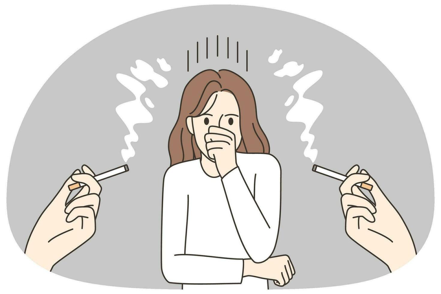Unhappy woman suffer from people smoking near her. Upset unhealthy female passive smoker have effect of cigarettes. Bad habit. Vector illustration.