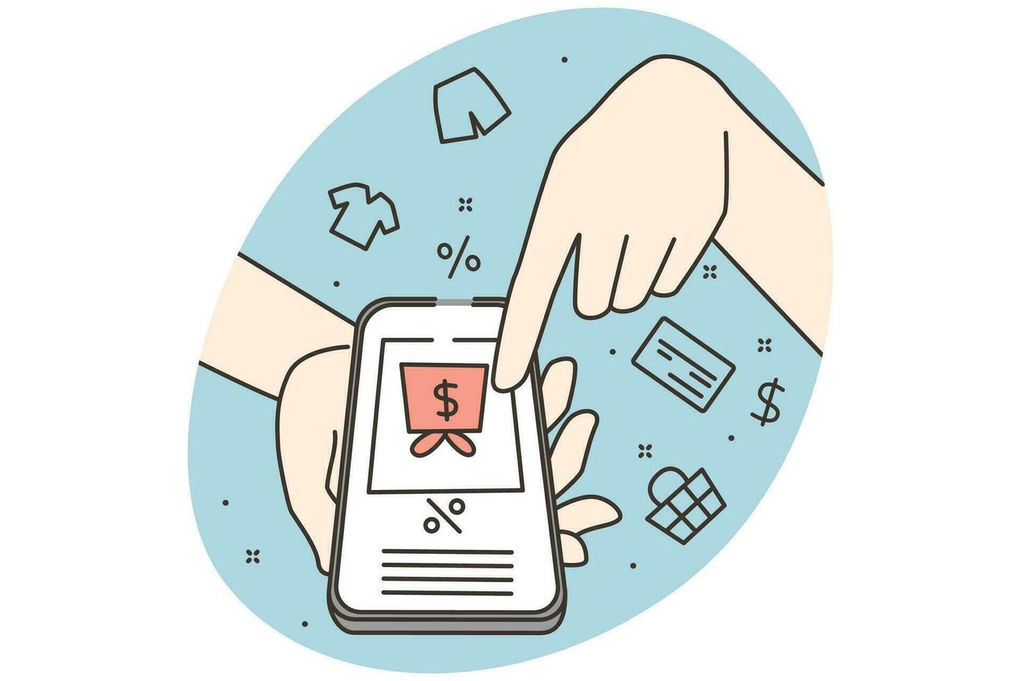 Person holding cellphone receive bonus from orders online. Client get cashback or discount on internet purchases shopping on web on smartphone. Vector illustration.