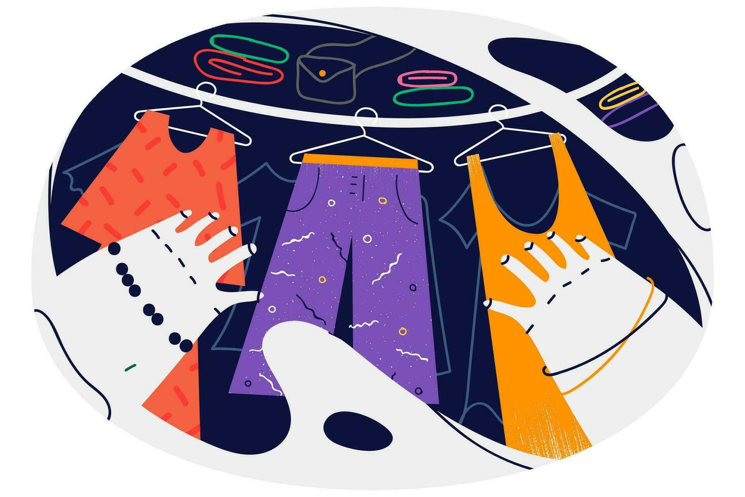 Close-up of person choosing clothes in wardrobe at home. Woman shopping for clothing in boutique or store. Consumerism and apparel. Vector illustration.