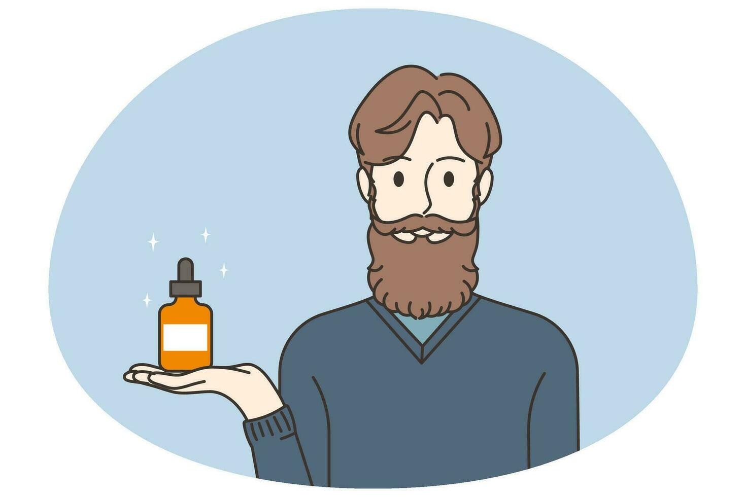 hombre con barba participación belleza producto en manos. sonriente masculino recomendar productos cosméticos para barba después afeitado. vector ilustración.