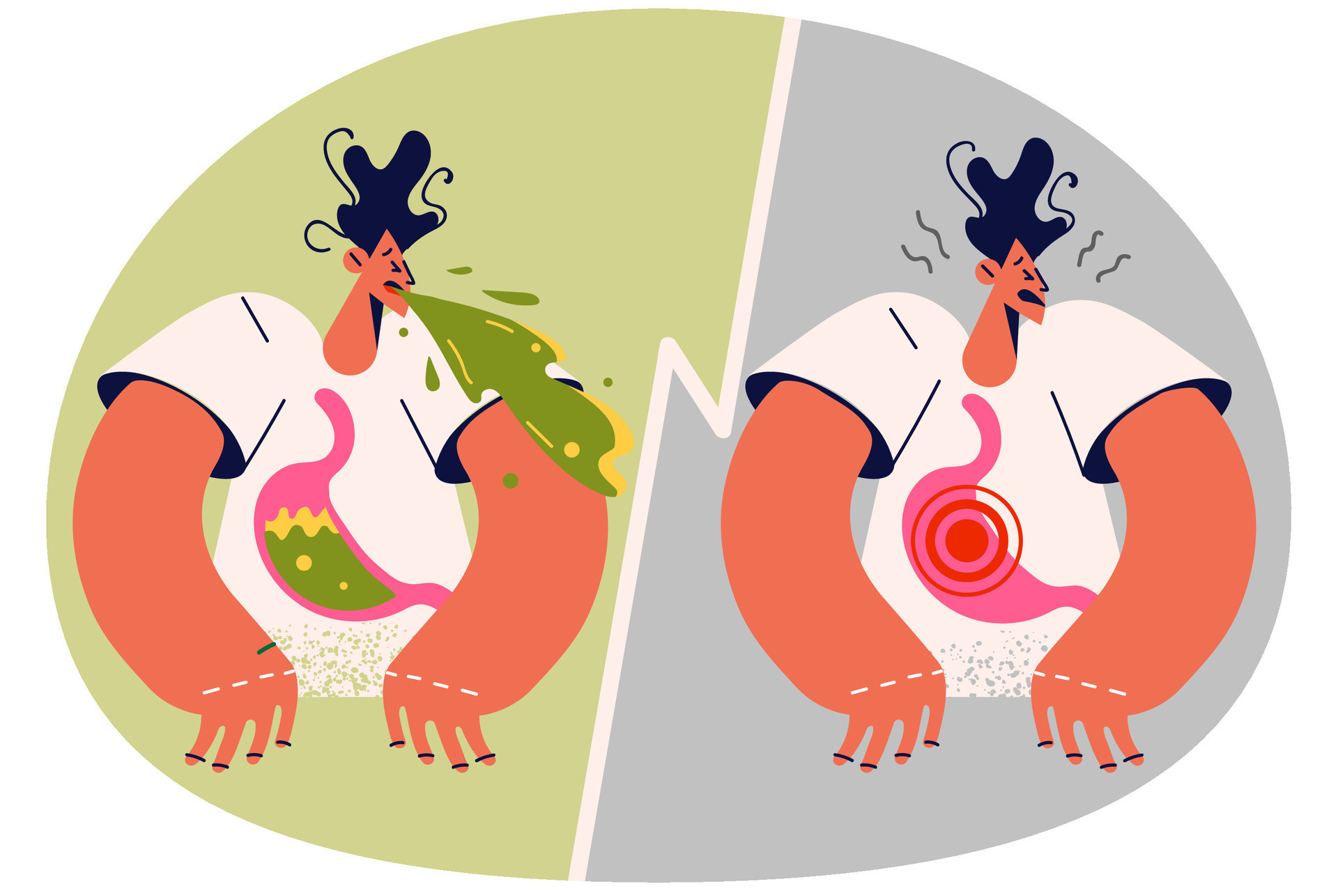 Unhealthy man suffer from abdominal pain and indigestion vomiting after