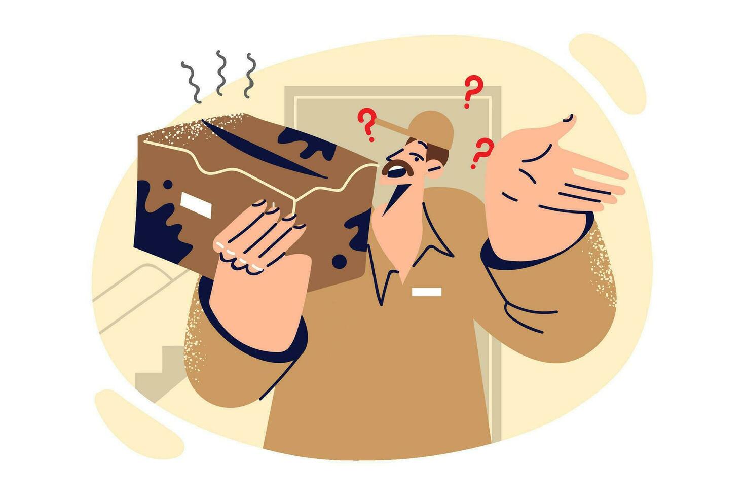 Damaged package in hands of male courier delivered product packed in dirty cardboard box. Unprofessional delivery man from courier company keeps box broken due to carelessness and negligence vector