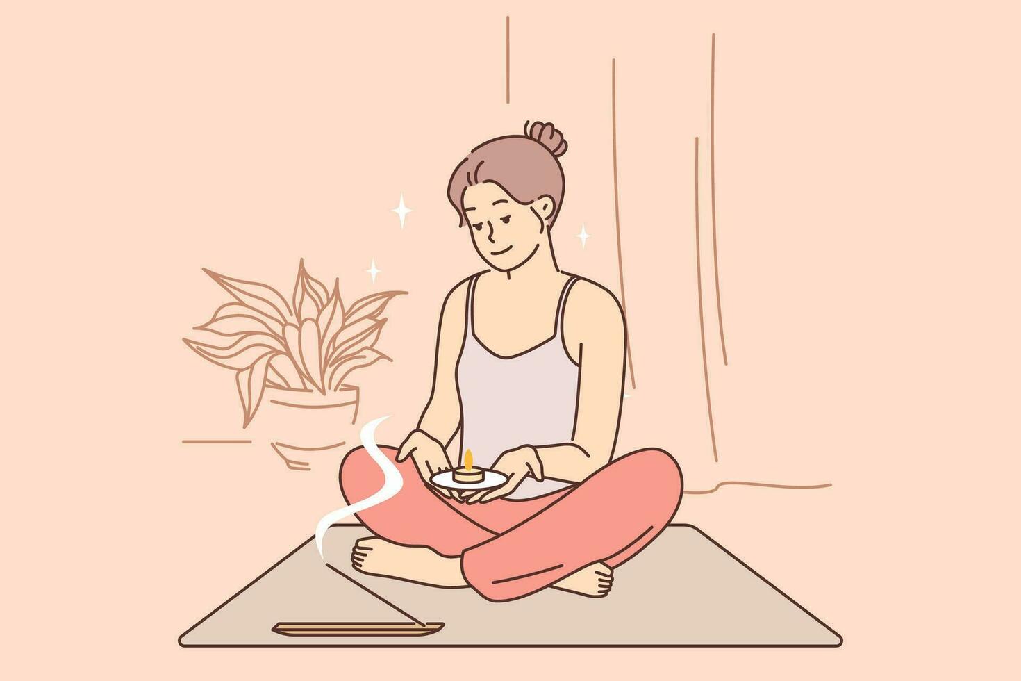 Meditating woman does yoga and uses aroma candles during spiritualistic session and sits in lotus position. Meditating girl wants to achieve awareness or get rid of psychological problems. vector