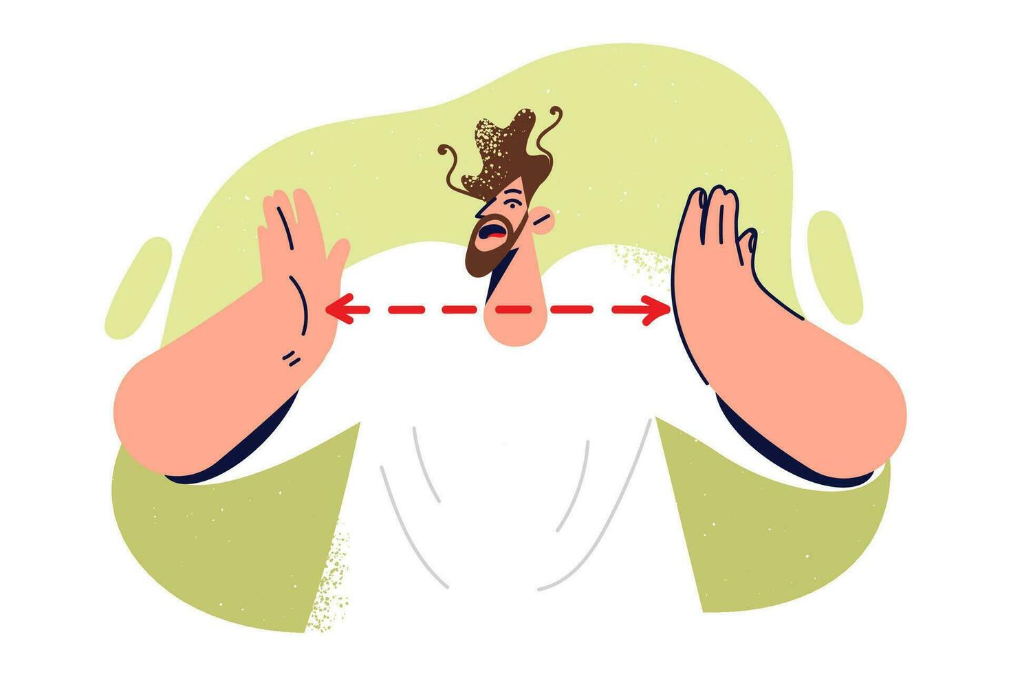 Frightened man throws up hands showing size of problems causing stress and frustration. Red line between palms of annoyed guy symbolizes maximum allowed size of parcel or storage space vector