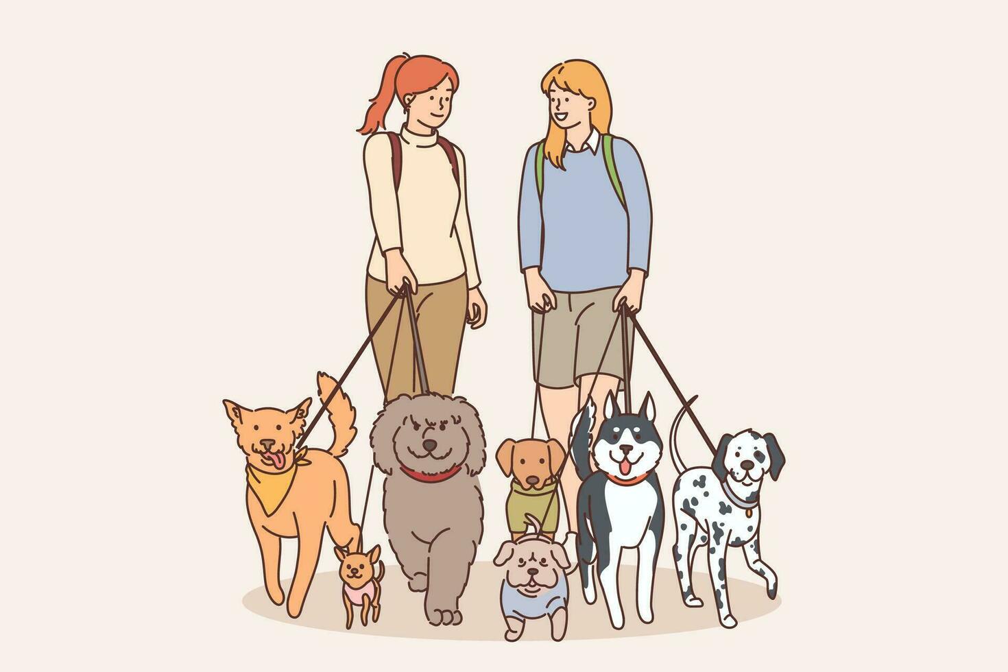 Two girls walk dogs on leashes in park and communicate enjoying spending time with animals. Women with dogs of different breeds love their own pets recommending to take puppy from shelter vector