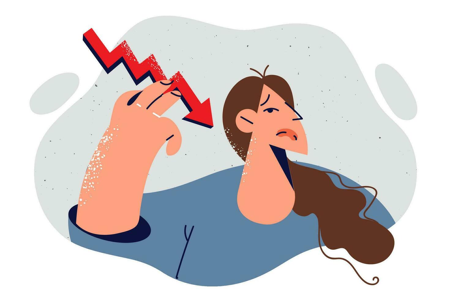 Business woman with down arrow symbolizing recession caused by increased inflation and onset of financial crisis. Business lady with falling graph reports decrease in marketing budget in company vector