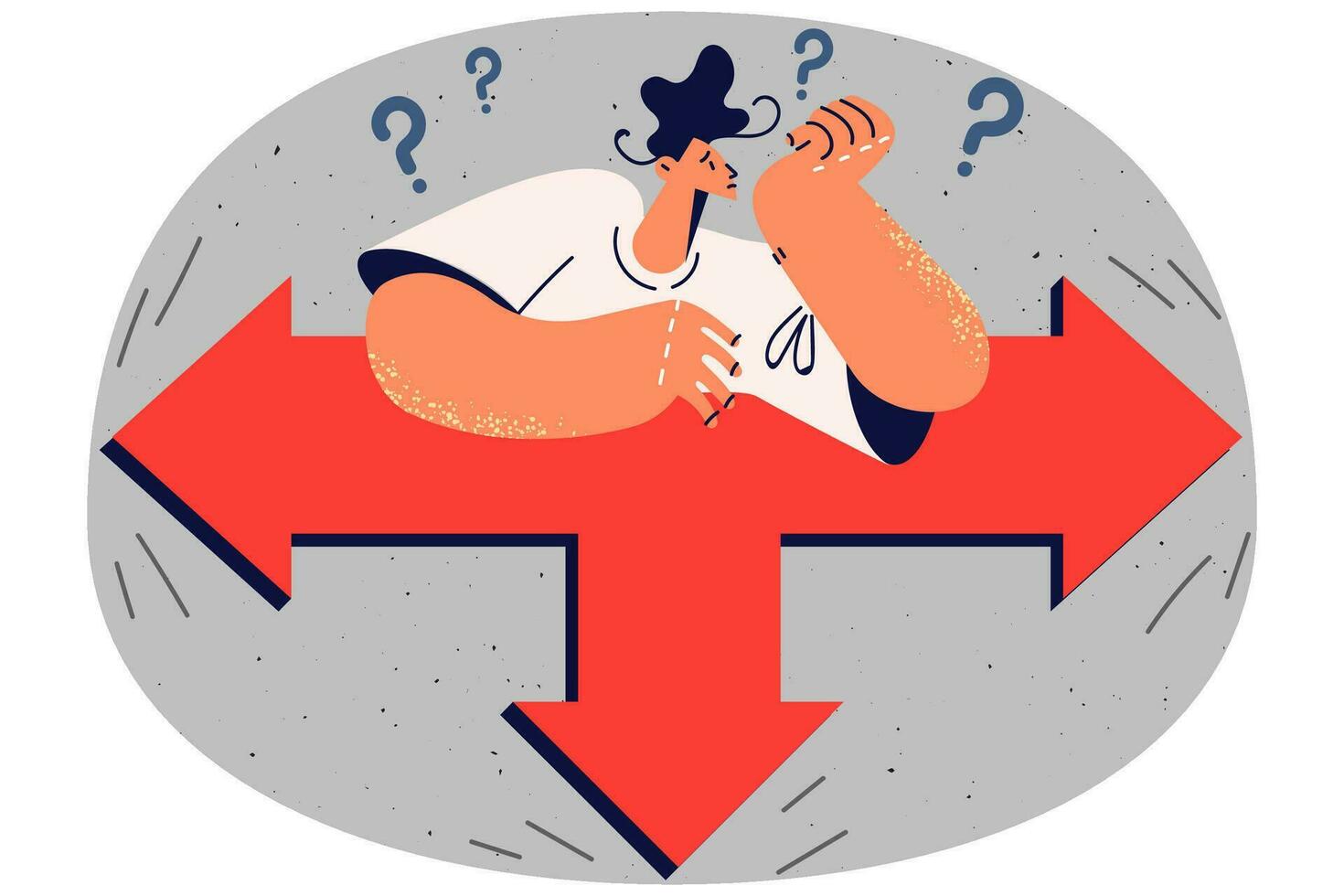 Pensive man thinking making decision about career change. Frustrated male feel confused stand on crossroad deciding which way to take. Vector illustration.