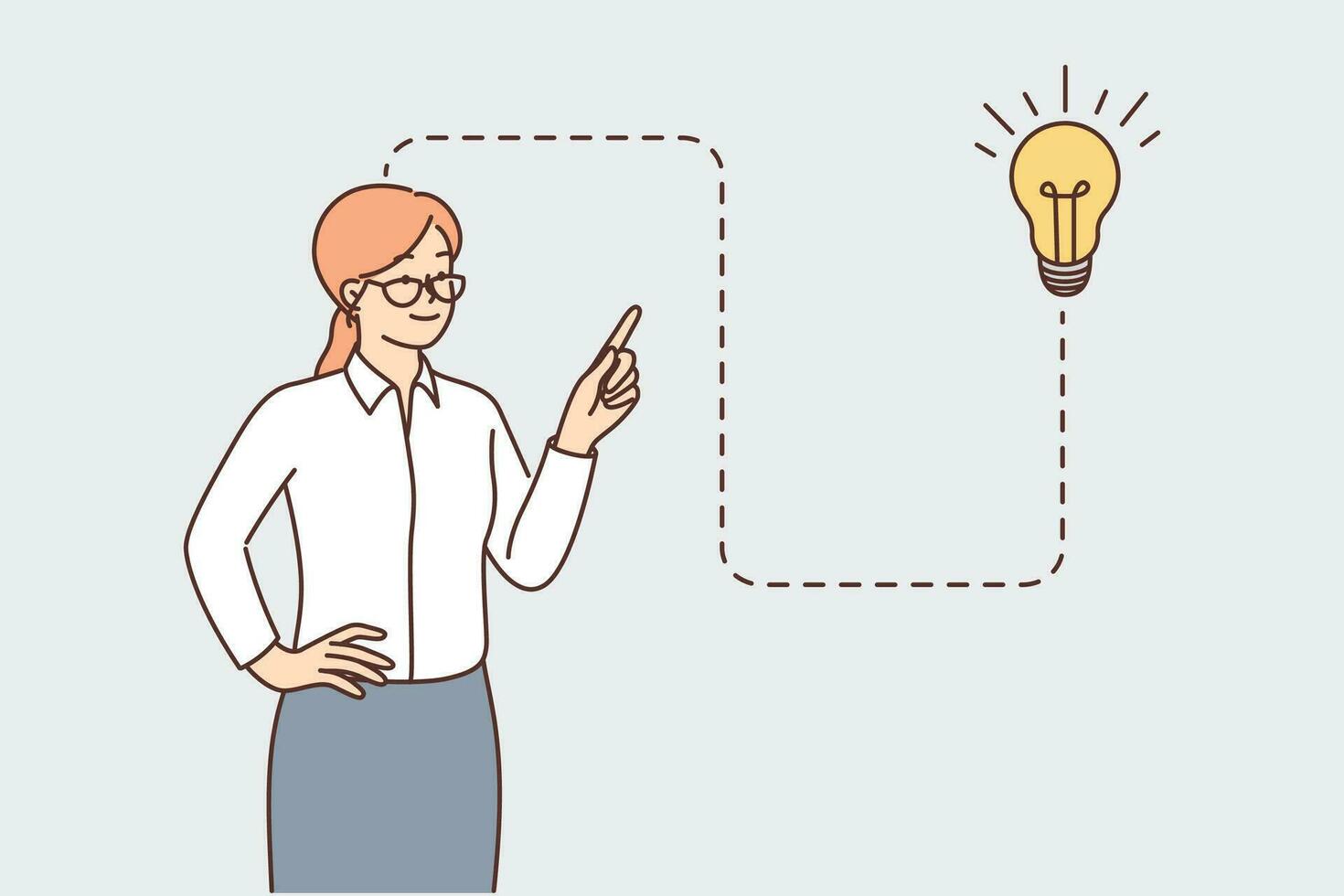 Business woman came up with idea points finger at light bulb suggesting marketing plan to achieve company goals. Girl manager works in corporation and talks about idea to increase productivity vector