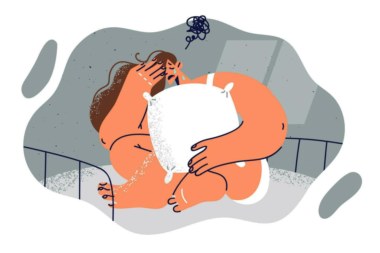 Nightmare frightened woman crying and sitting in bed with pillow in hands, for concept of psychotic disorder. Girl with tears in eyes is in bedroom and tries to recover from nightmare vector