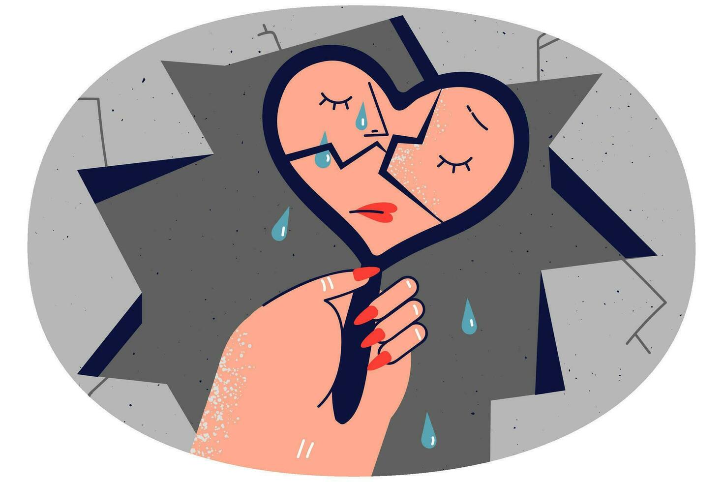 Woman looking in broken mirror crying of psychological or mental problems. Unhappy female suffer from insecurity and self-destruction. Vector illustration.