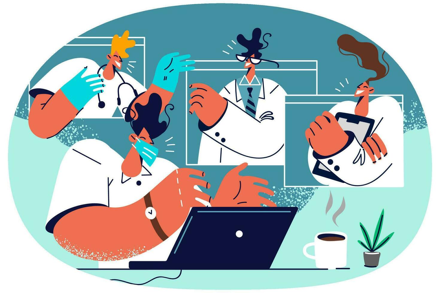 Smiling male doctor talk with colleagues on webcam on computer. Happy medical specialist have video call on laptop with coworkers. Remote communication. Vector illustration.