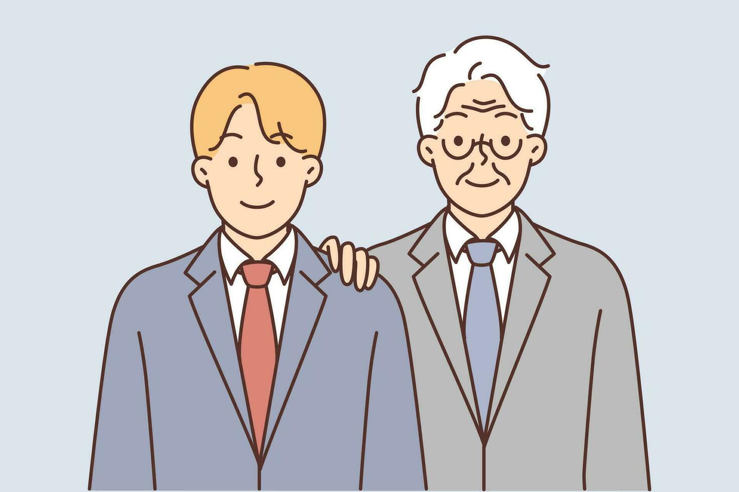 Young and old man in business suits symbolize succession of generations and inheritance of managerial positions. Rich successful grandfather wants to leave own business and company to grandson vector