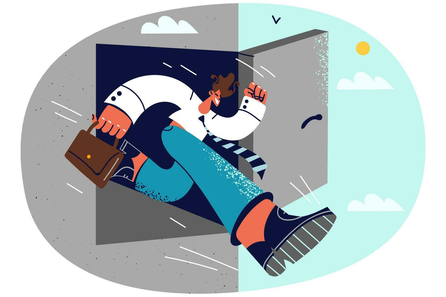 Businessman step from building in unknown. Male employee walk in dead end. Challenge and risky affair. Vector illustration.