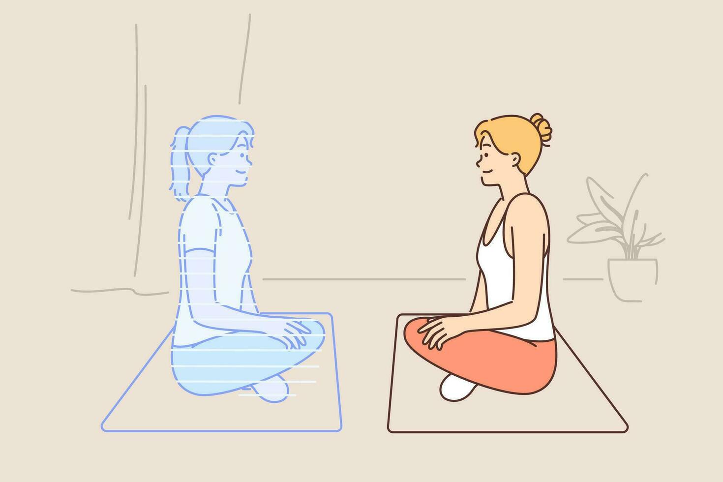 Woman doing yoga with virtual trainer sitting on fitness mat in lotus position and looking at hologram of instructor. Girl who is fond of yoga trains to meditate using innovative technologies vector