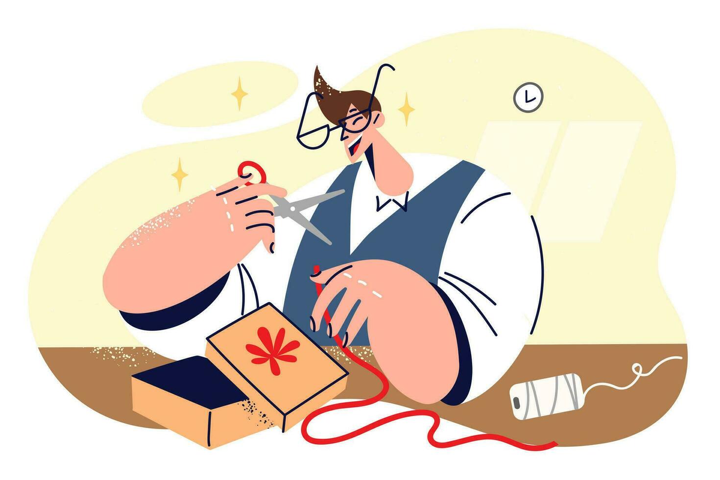 Man makes giftbox sitting at table and cutting piece of red ribbon to create beautiful gift box. Happy guy prepares giftbox for girlfriend in honor of birthday or christmas celebration vector