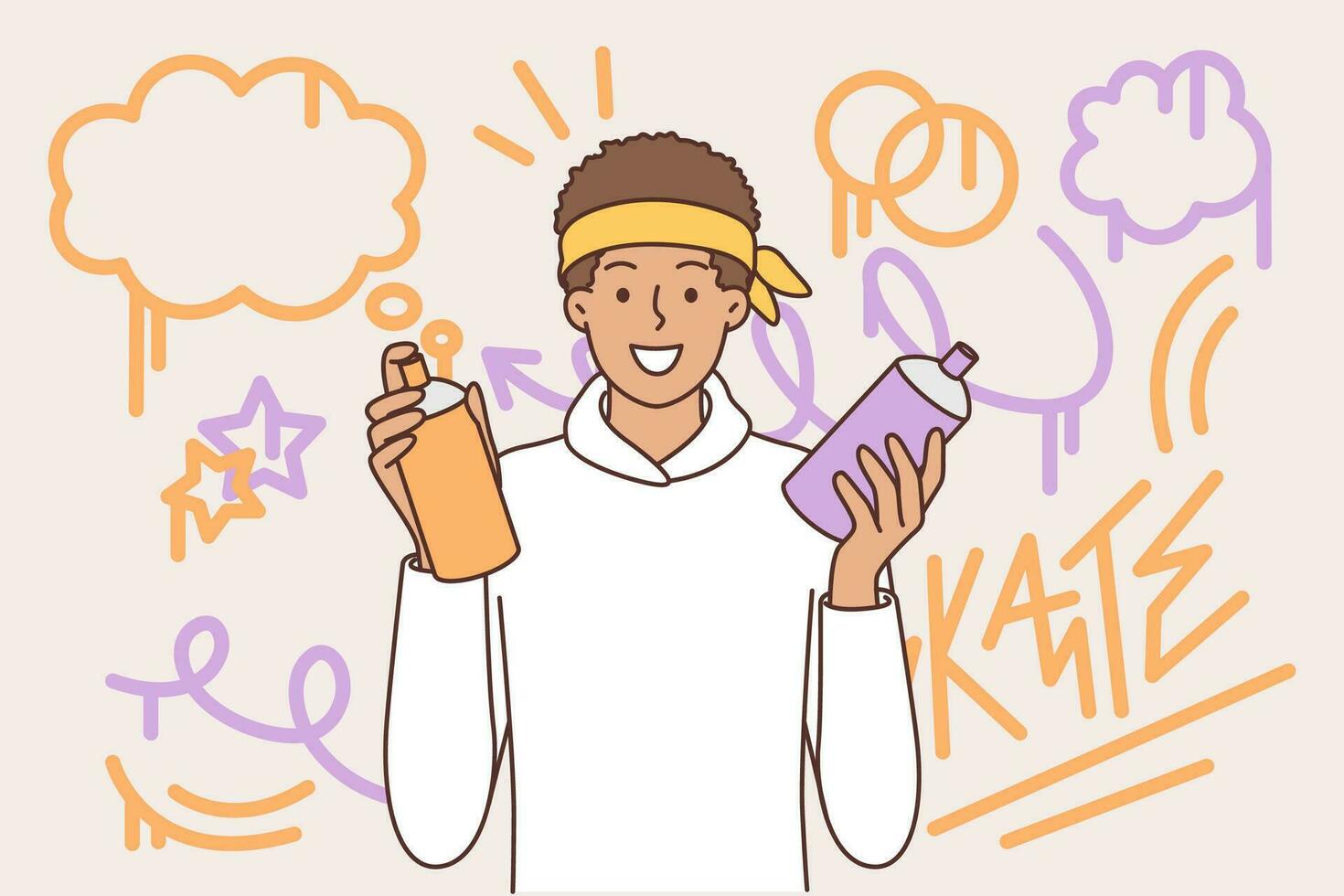 Teenager guy draws graffiti on wall, holds spray can of paint and smiling looks at camera. Ethnic teenage boy from street art subculture uses graffiti to showcase creativity or hobbies. vector