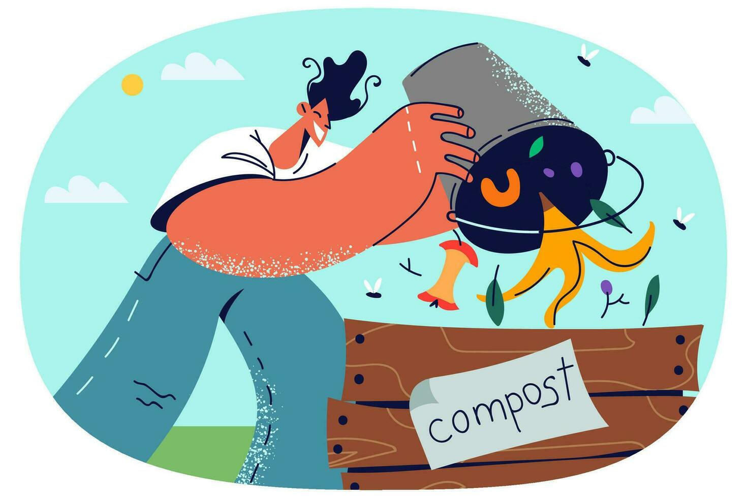 Man throwing organic waste in compost bin. Smiling male sorting garbage recycle trash. Eco friendly and environment conservation. Vector illustration.