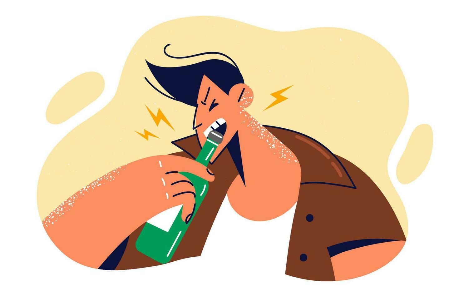 Man drunkard opens bottle of beer with teeth and leads asocial lifestyle by abusing alcoholic beverages. Brutal young guy drunkard needs rehabilitation to get rid of alcohol addiction. vector