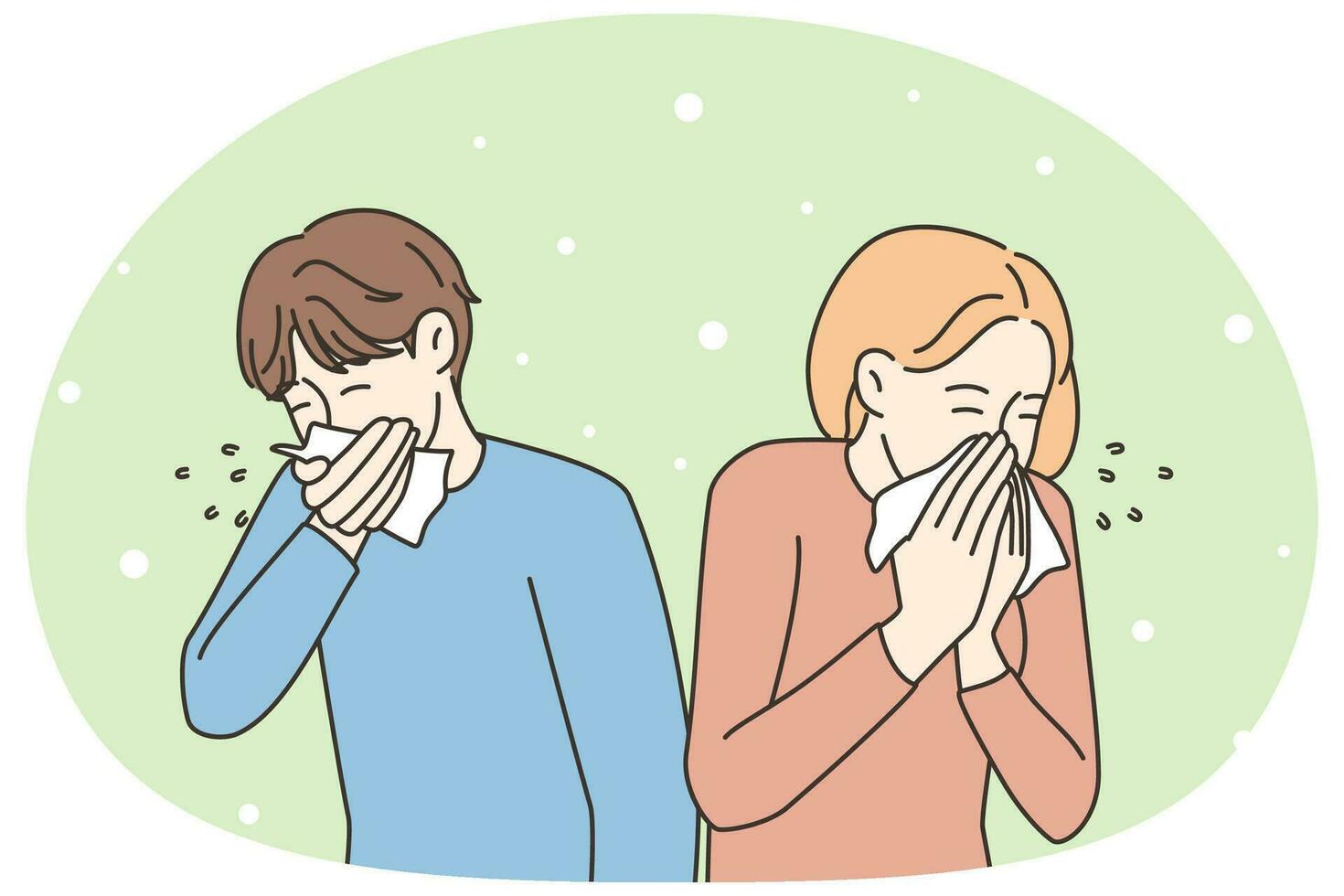 Unhealthy man and woman blowing nose suffer from flu or cold. Sick people struggle with health problems, have influenza or covid symptoms. Vector illustration.