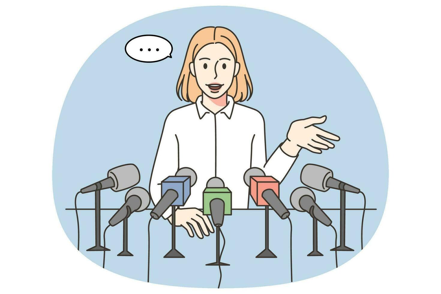 Smiling woman speaker giving comments to reporters at press conference. Businesswoman talking with journalists at meeting. Mass media and journalism. Vector illustration.