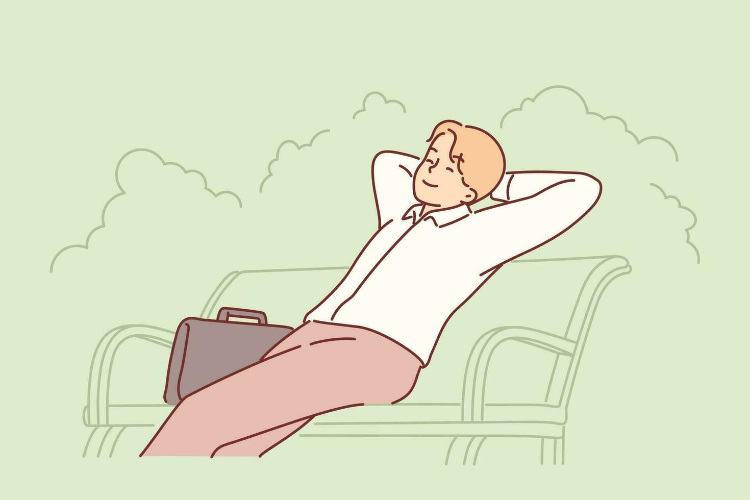 Businessman sits on park bench with eyes closed and enjoys outdoor recreation. Businessman or company manager with happy face relaxing on street during lunch break or after end of working day vector