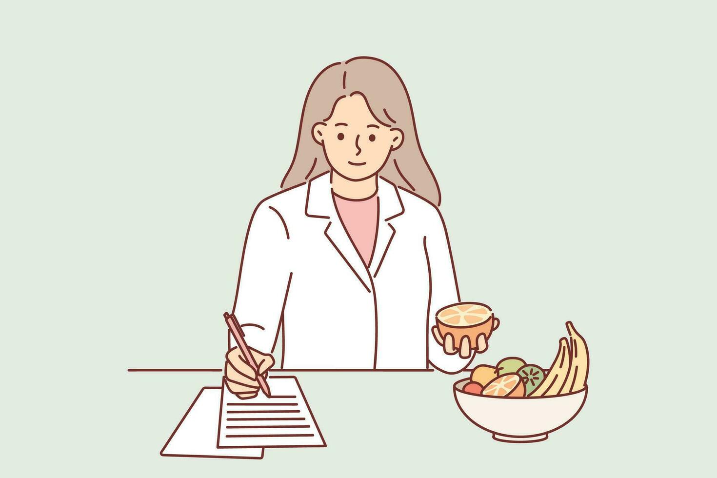 Woman nutritionist makes diet plan for patient who wants to lose weight and stands at table with fruits. Girl in white coat works as nutritionist making notes on piece of paper with diet strategy vector