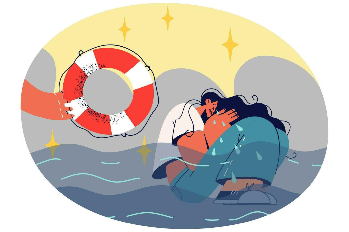 Person give crying unhappy woman rescue ring for saving. Helping hand stretching inflatable buoy to depressed female suffering. Save yourself concept. Vector illustration.