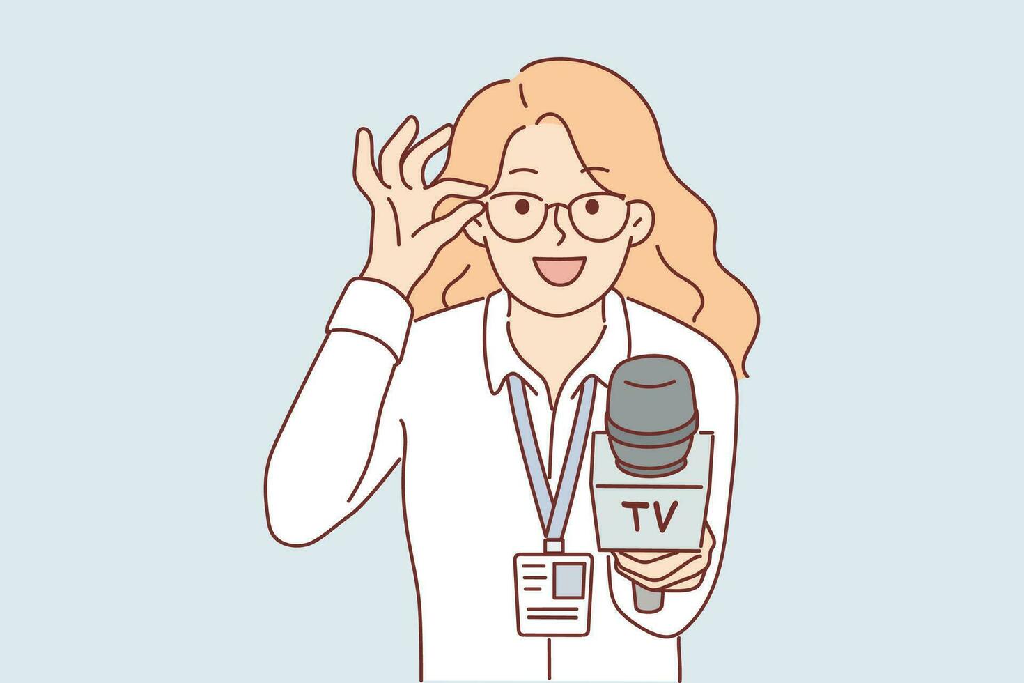 Woman reporter with microphone adjusts glasses and interviews politician or manager of large corporation. Girl holds out microphone to screen while filming report for tv show with expert opinion vector