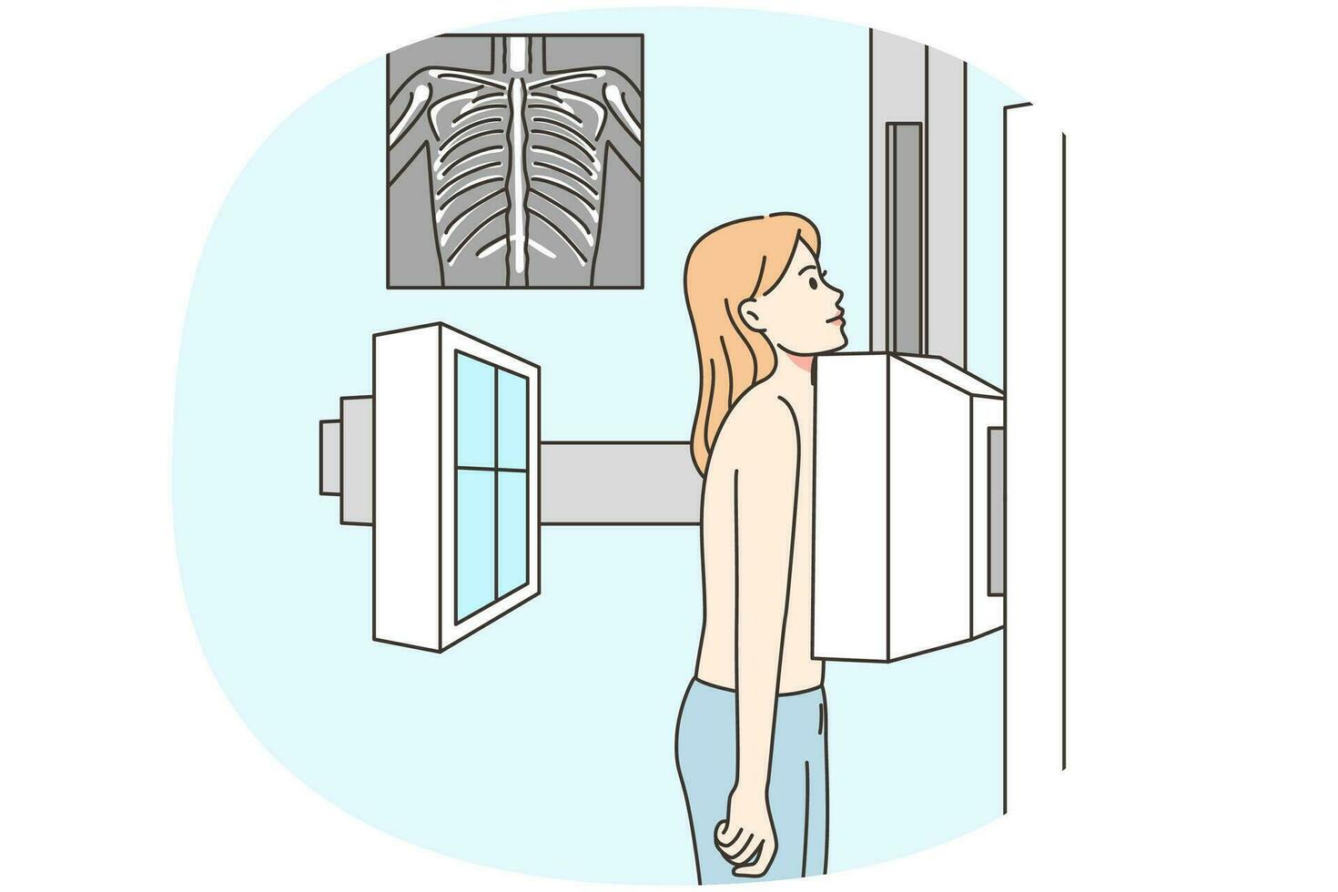Naked woman making breast X-ray shot in hospital. Female patient scanning lungs on radiograph machine in clinic. Healthcare and checkup. Vector illustration.
